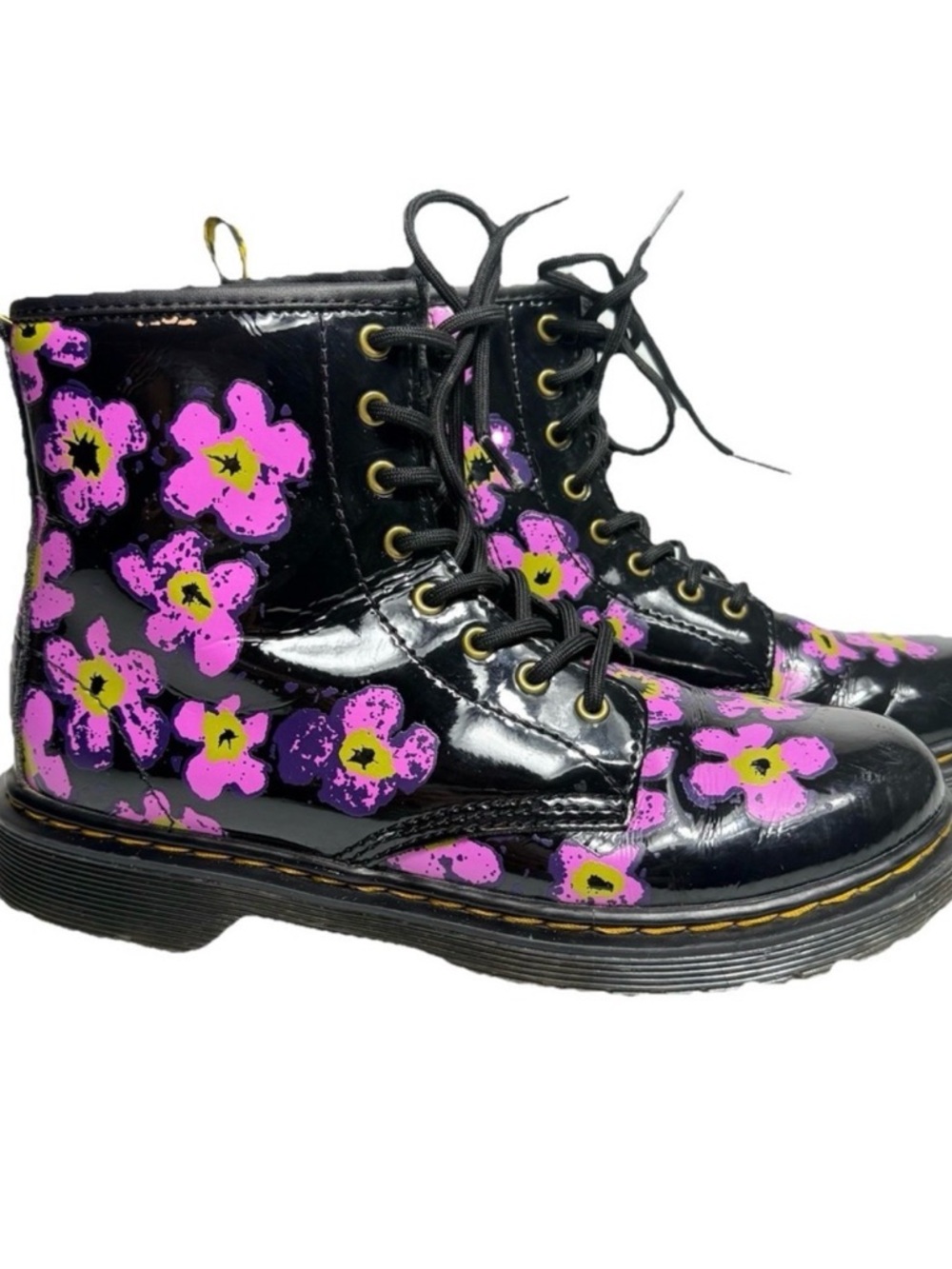 Doc Martens 1460 J8-Eye patent Black Floral High Top Boot Youth Size 3 US